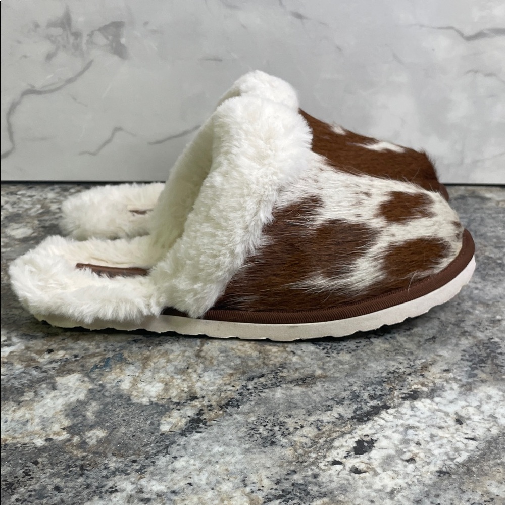 MYRA ALAMOSA TAN FUR-LINED HAIRON LEATHER SLIPPERS